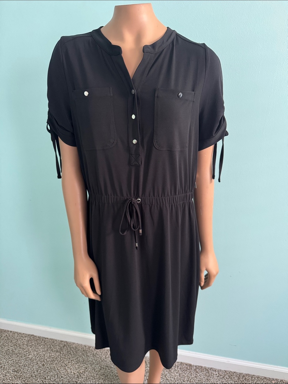NWT! Rafaella Women's Black Drawstring Shirt Dress